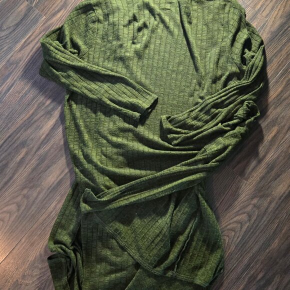 Boho Style Open Front Maxi Green & Black Ribbed Cardigan w/ Pockets SIZE XXL - Picture 2 of 5